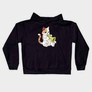 Cat as musician with trumpet Kids Hoodie